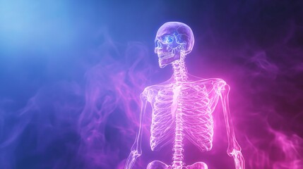 Naklejka premium Glowing human skeleton emerging from colorful smoke in a dark background