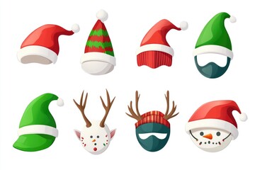 Six Christmas hats and a snowman on a snowy background