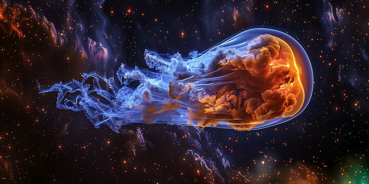 Cosmic nebula 'Jellyfish Galaxy,' featuring a luminous core and arcing gas tendrils shaped by shockwaves, resembling jellyfish tentacles