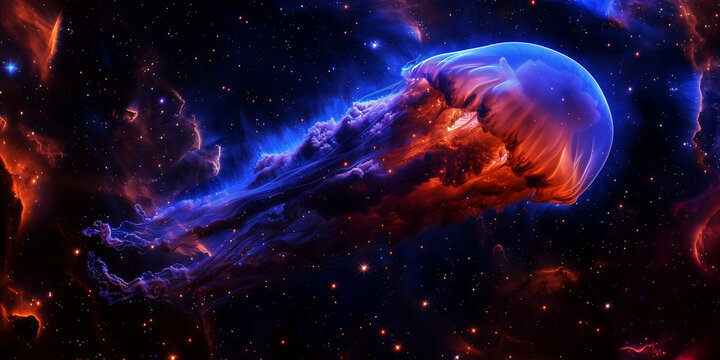 Cosmic nebula 'Jellyfish Galaxy,' featuring a luminous core and arcing gas tendrils shaped by shockwaves, resembling jellyfish tentacles