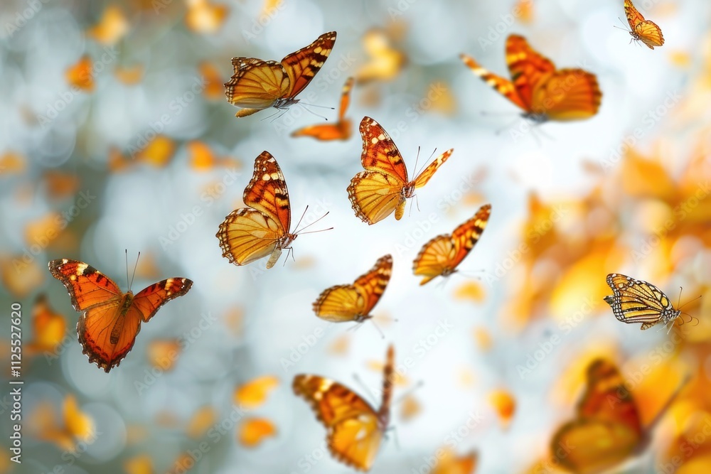 Poster A group of orange butterflies fluttering through the air, free and unobstructed