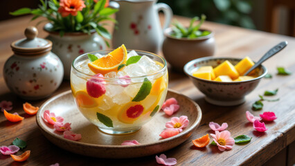 A refreshing glass of hwachae with citrus slices on a floral-printed plate surrounded by flower petals, symbolizing spring or celebration.