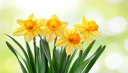 Obraz premium Group of Vibrant Yellow Daffodils in Springtime Bloom, Isolated on a Soft Focus Background