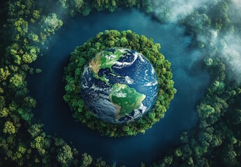 Fototapeta premium Aerial View of Earth Surrounded by Lush Green Forests and Serene Water, Symbolizing Environmental Conservation and Global Awareness for Nature Lovers