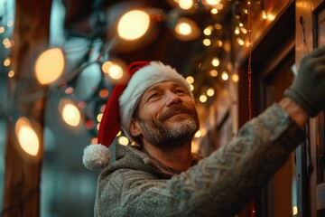 Obraz premium A person dressed as Santa Claus looking upwards, possibly searching for something or contemplating