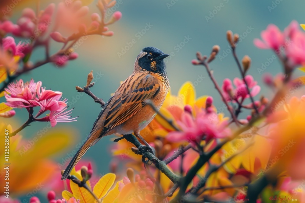 Poster a small bird sits on the branch of a tree, looking around
