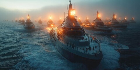A group of ships sail through the ocean at night, illuminated by moonlight and stars