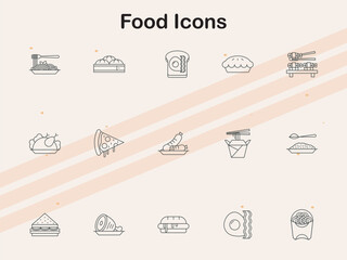 Icons representing food items  dishes  and beverages  perfect for culinary and restaurant-themed designs.