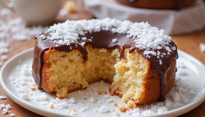 Coconut cake with chocolate glaze and powdered sugar topping