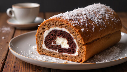 Chocolate and vanilla Swiss roll on plate with coffee cup