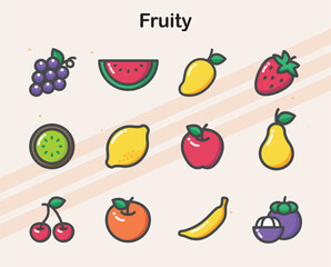 An icon set featuring vibrant  colorful fruit illustrations for fresh and organic projects.