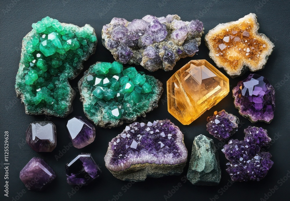 Poster an array of beautiful minerals and crystals displaying vibrant colors and unique formations against 