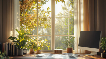 Sunlit home office desk with plants and computer near window