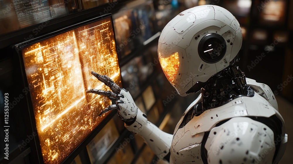 Poster a robot standing in front of a tv, perfect for futuristic or technological concepts