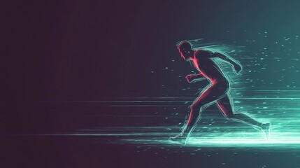 Athlete running very fast leaving light trails and disintegrating