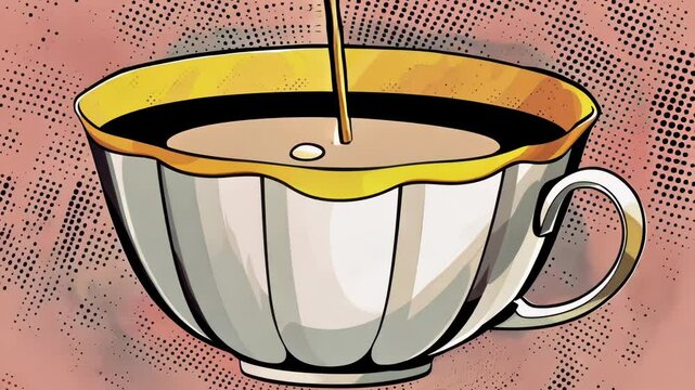 Pop Art Style Cartoon Clip of Coffee Filling a Mug. Retro Comic Book Style Animation of Tea Pouring into A Teacup. Vintage Style Animated Clip.
