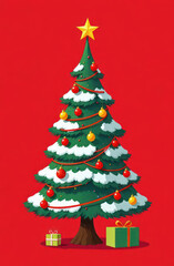 New Year celebration, festive Christmas tree against red background, minimalistic cartoon illustration. Super Saturday poster, greeting card