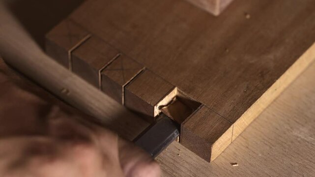 Close-up of a carpenter chiseling a mortise in wood for a multiple mortise and tenon joint. This detailed footage showcases the precision and craftsmanship involved in traditional woodworking
