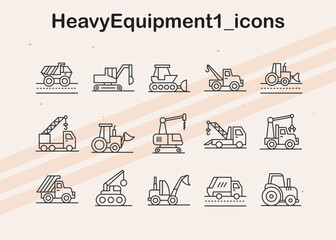 Icons depicting heavy machinery and equipment  ideal for construction  industry  and manufacturing designs.
