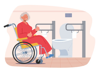 Senior woman cartoon character in wheelchair approving high quality service of pubic WC service