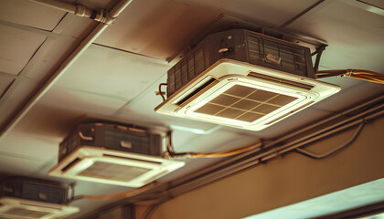 Selective focus to Ceiling mounted cassette type air condition units with fire sprinkler water pipe and other parts of ventilation system