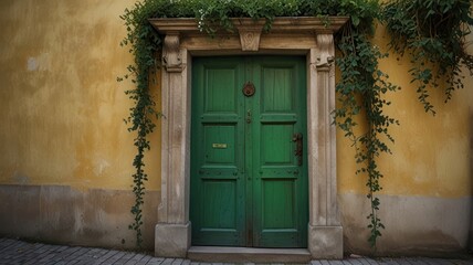 Fototapeta premium Green wooden door in old stone building.