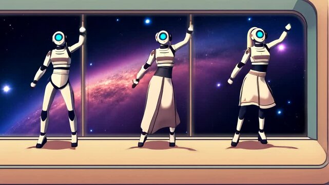 Cartoon Clip of Robot Girls Dancing in Space. Anime Style Cyborg Women Dance on the Deck of a Spaceship or Space Station with the Galaxy Behind Them. 