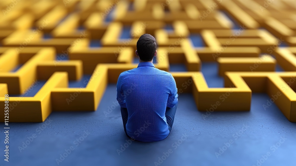Poster navigating a complex maze a person's journey in a labyrinthine environment conceptualizing challenge