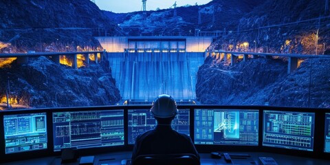 A technician monitors hydroelectric power generation in a control room, showcasing the fusion of technology and renewable energy management.