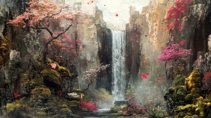 Fototapeta premium Enchanted Waterfall in Autumnal Fantasy Land