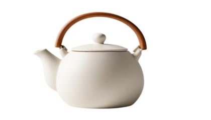 PNG of Elegant white ceramic teapot with a wooden handle, perfect for a cozy tea time on transparent background
