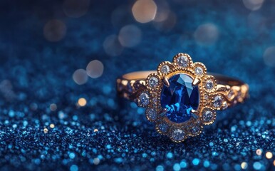Beautiful Blue Sapphire Ring with Intricate Gold Design Sparkling Against a Dreamy Blurred Background of Blue Glittering Lights
