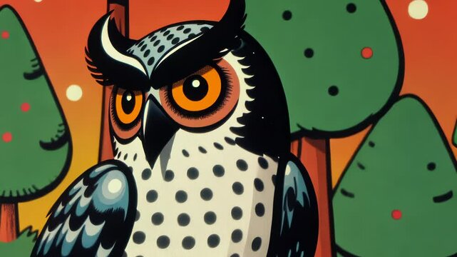 Blinking Owl in a Vintage Comic Book Forest, Bright Pop Art Style. Retro Animated Background / Vintage Wallpaper Clip. 
