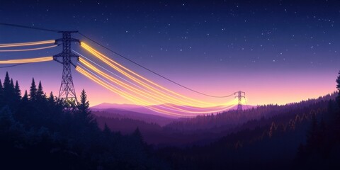 A serene twilight landscape featuring power lines stretching over a mountain range, illuminated by ethereal light. Perfect for energy, nature, and technology themes.