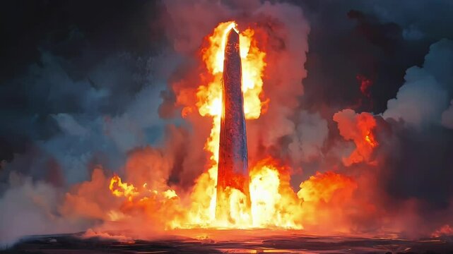 A Tall Obelisk Burning. A Large Symbolic Statue on Fire.  Looping. Animated Background / Wallpaper. VJ / Vtuber / Streamer Backdrop. Seamless Loop.