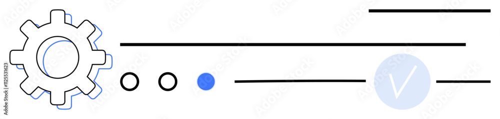 Poster gear with circular icons progressing into a blue checkmark. connected lines and colored dot symboliz
