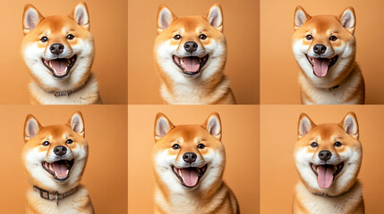Fototapeta premium Joyful shiba inu expressions on orange background