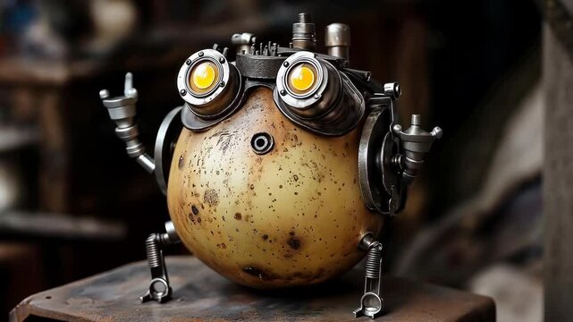 Dancing Steampunk Potato Rocks Out and then Explodes in Fire and Smoke. Cute Science Fiction Robot. Janky Stop Motion Style Food Cyborg. 