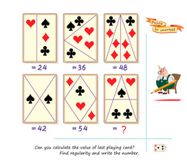 Logic puzzle game for smartest. Can you calculate the value of last playing card? Find regularity and write the number. Brain teaser book for children and adults. IQ test. Vector illustration.