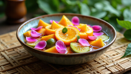 A bowl of fresh fruit salad with a variety of colorful fruits such as strawberries, mangoes, and limes, garnished with edible flowers, sitting on a bamboo placemat.