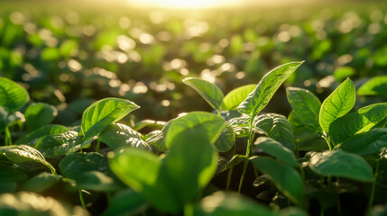 Obraz premium Lush green leaves in sunlit field at dawn