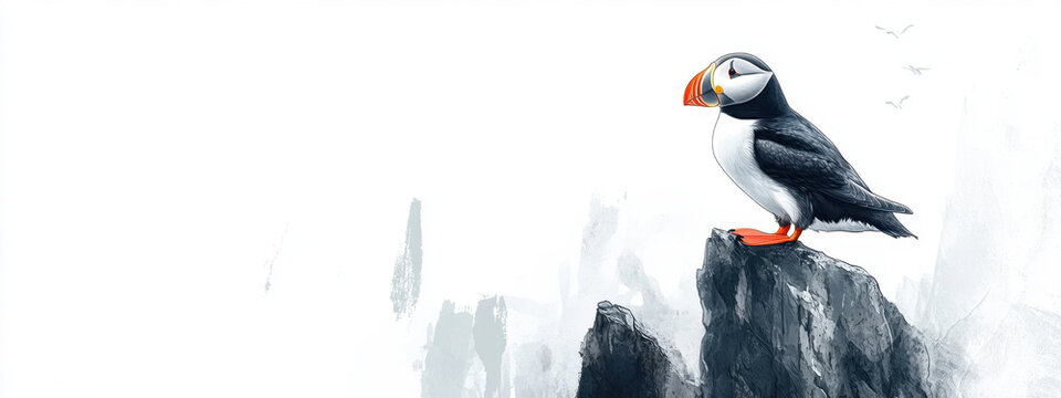 Illustration of a puffin perched on a rocky cliff against a minimalist, misty background, conveying serenity and focus.
