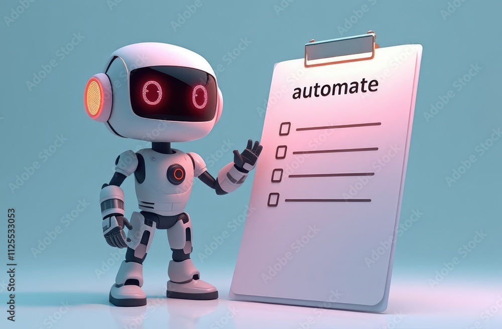 Poster robot standing next to checklist with finished tasks, cartoon illustration. automation tools, work e