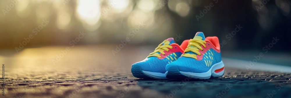 Poster a colorful pair of running shoes sits on a track, bathed in warm sunset light, inviting runners to l