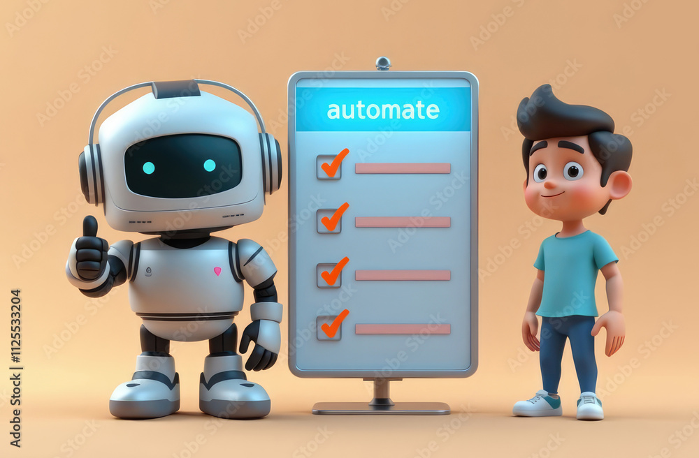 Poster cartoon illustration of robot showing to person checklist with finished tasks. automation tools, wor