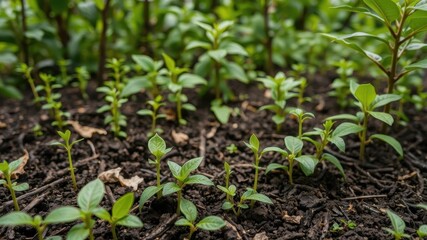 Obraz premium Coffee bean seedlings growing in rich green soil, symbolizing growth and nature renewal, Growth Trees, botanical