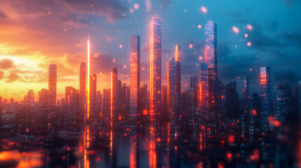 Fototapeta premium Futuristic city skyline at sunset with illuminated skyscrapers and vibrant colors