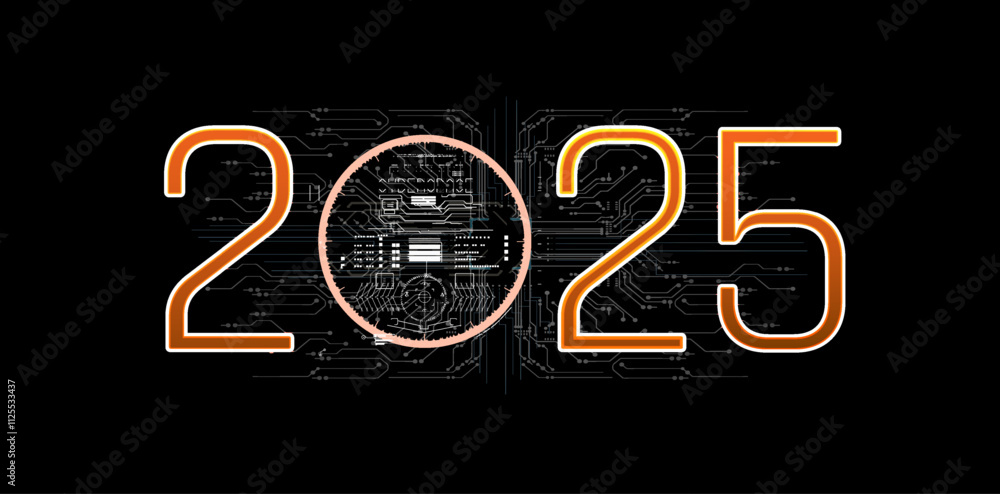 Poster modern digital design showcasing the year 2025 with circuit patterns and futuristic elements.