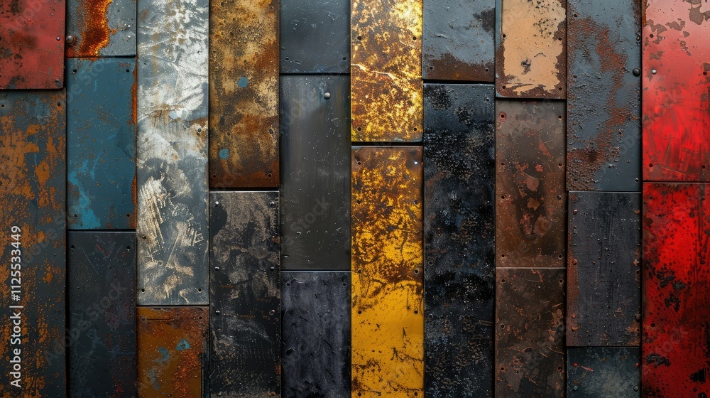 Poster colorful metallic wall texture with various shades and patterns of rust and paint.