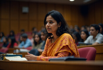 A young Indian woman, wearing an orange sari, sits attentively in a lecture hall filled with students. Shes focused on something on her desk. The setting is a dimly lit classroom.